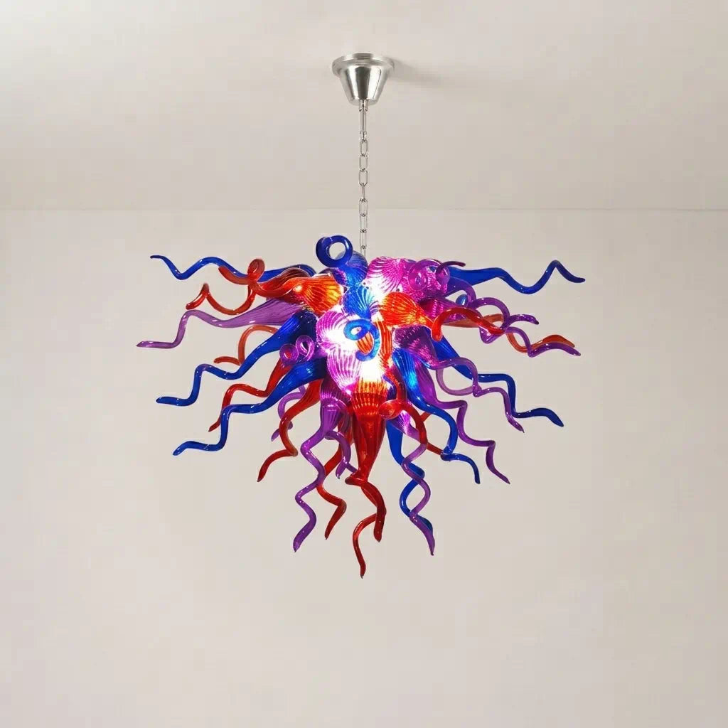 Multicolor Hand-Blown Glass Art Chandelier Chihuly-Style Purple Red & Blue Sculptural Cluster Pendant Light