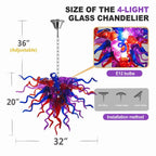 Multicolor Hand-Blown Glass Art Chandelier Chihuly-Style Purple Red & Blue Sculptural Cluster Pendant Light