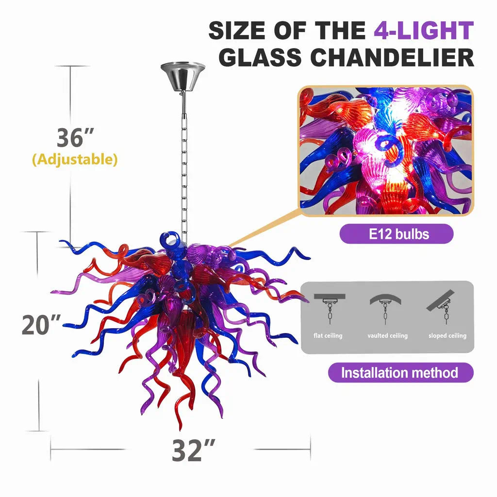 Multicolor Hand-Blown Glass Art Chandelier Chihuly-Style Purple Red & Blue Sculptural Cluster Pendant Light