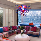Multicolor Hand-Blown Glass Art Chandelier Chihuly-Style Purple Red & Blue Sculptural Cluster Pendant Light
