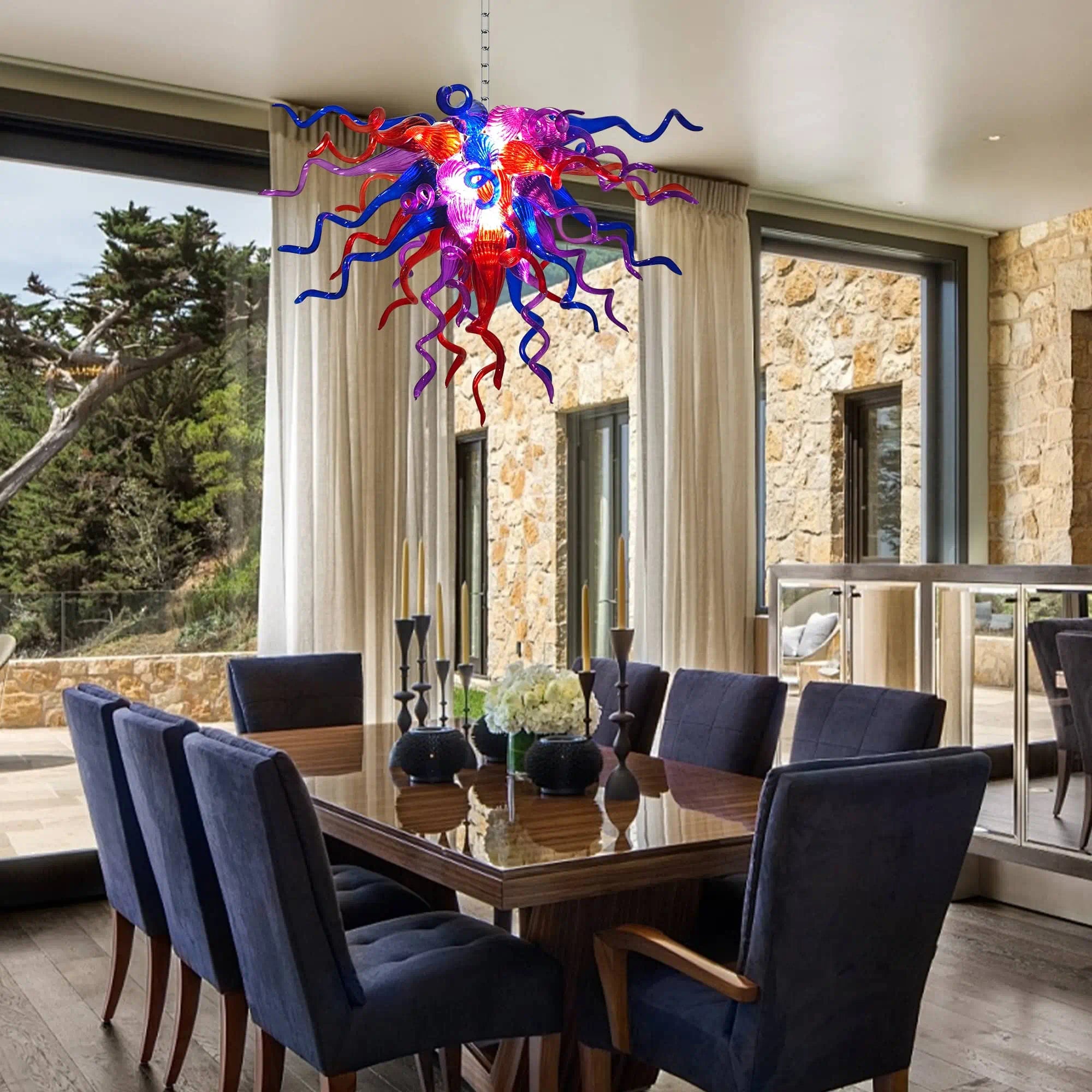 Multicolor Hand-Blown Glass Art Chandelier Chihuly-Style Purple Red & Blue Sculptural Cluster Pendant Light