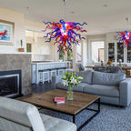 Multicolor Hand-Blown Glass Art Chandelier Chihuly-Style Purple Red & Blue Sculptural Cluster Pendant Light