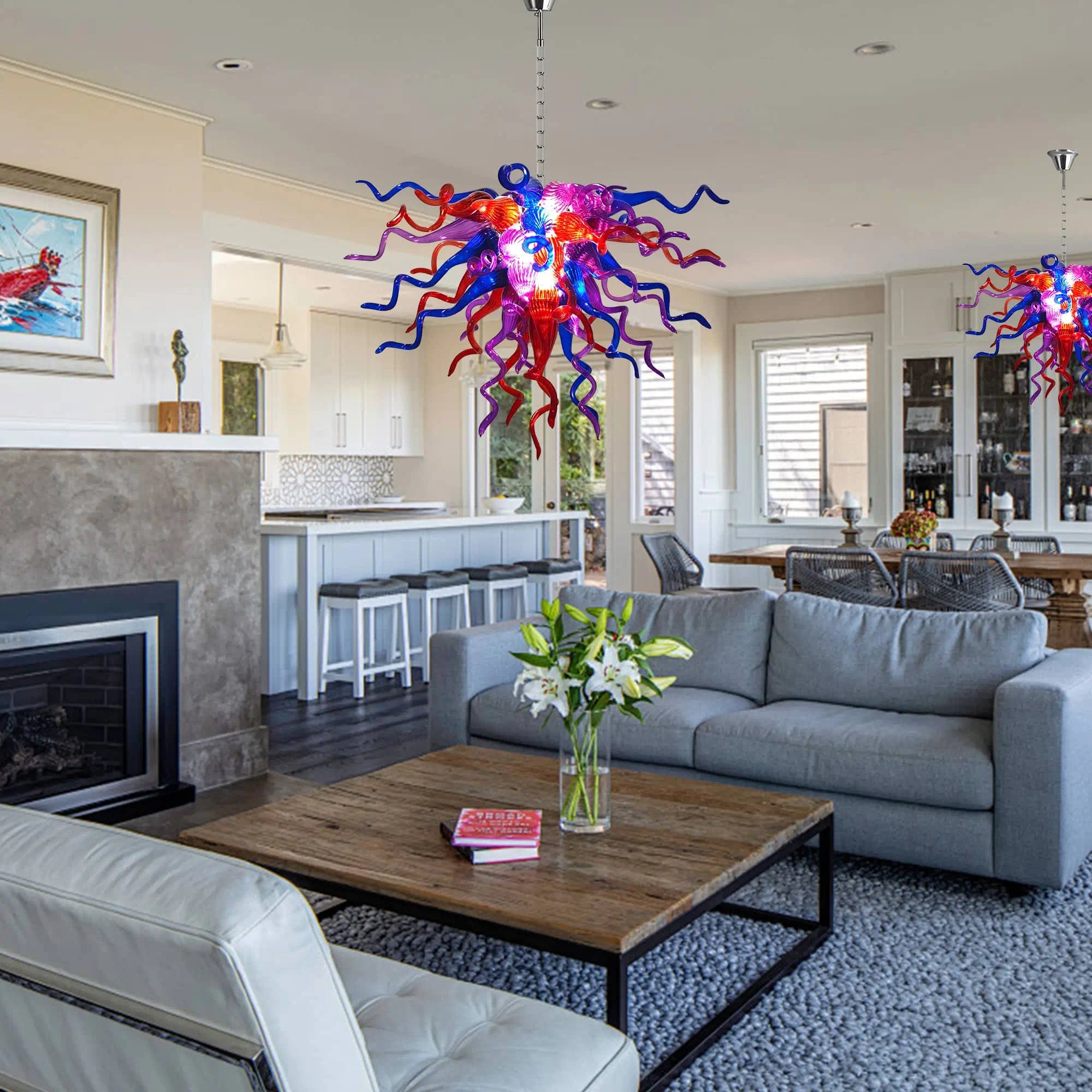 Multicolor Hand-Blown Glass Art Chandelier Chihuly-Style Purple Red & Blue Sculptural Cluster Pendant Light