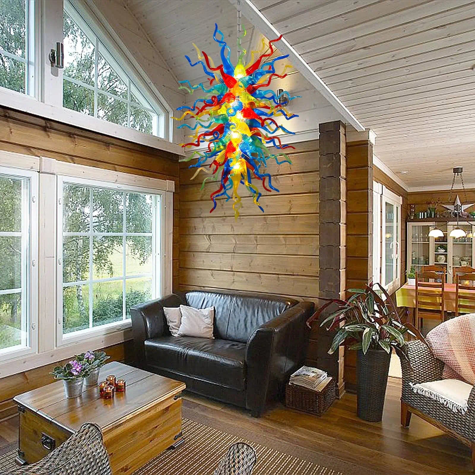 Colorful Long-Strip Hand-Blown Glass Chandelier Multicolor Chihuly-Style Sculptural Art Pendant Light