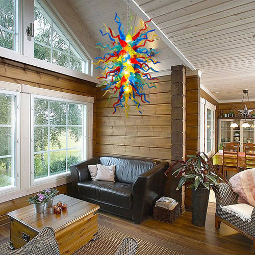 Colorful Long-Strip Hand-Blown Glass Chandelier Multicolor Chihuly-Style Sculptural Art Pendant Light