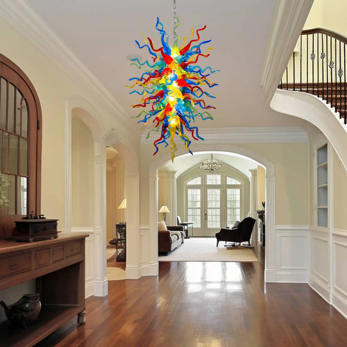 Colorful Long-Strip Hand-Blown Glass Chandelier Multicolor Chihuly-Style Sculptural Art Pendant Light