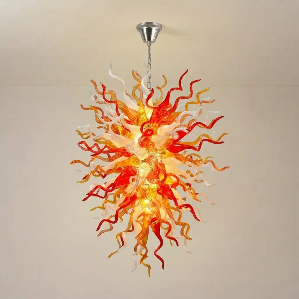 Fiery Hand-Blown Glass Chandelier Red Amber & White Flame-Inspired Chihuly-Style Sculptural Pendant Light
