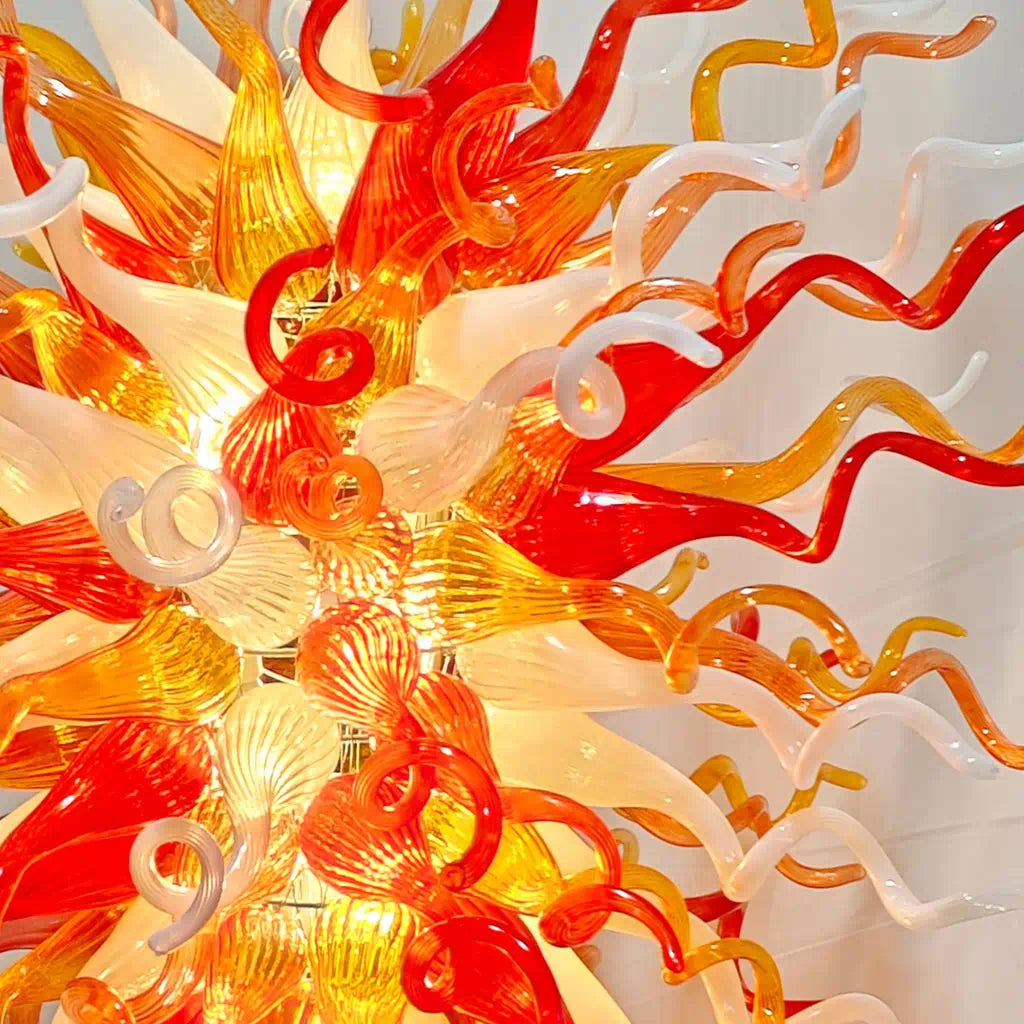 Fiery Hand-Blown Glass Chandelier Red Amber & White Flame-Inspired Chihuly-Style Sculptural Pendant Light