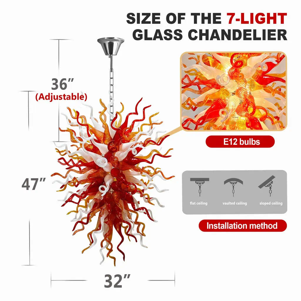 Fiery Hand-Blown Glass Chandelier Red Amber & White Flame-Inspired Chihuly-Style Sculptural Pendant Light
