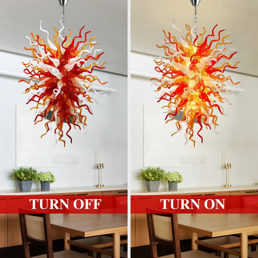 Fiery Hand-Blown Glass Chandelier Red Amber & White Flame-Inspired Chihuly-Style Sculptural Pendant Light