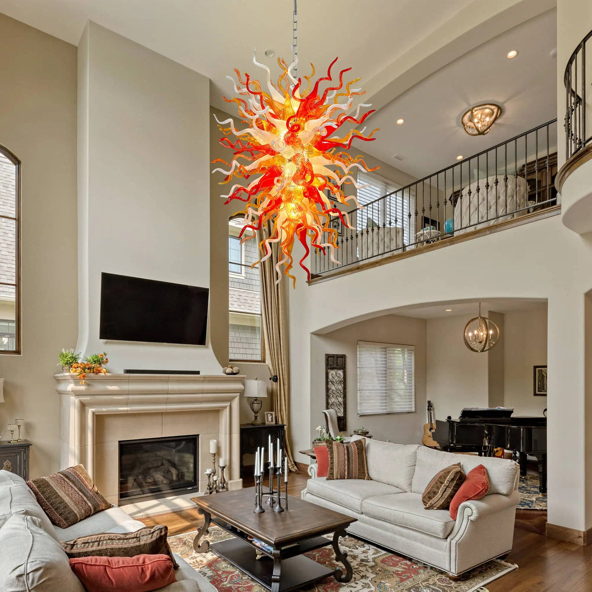 Fiery Hand-Blown Glass Chandelier Red Amber & White Flame-Inspired Chihuly-Style Sculptural Pendant Light