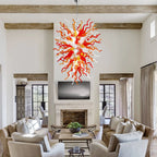 Fiery Hand-Blown Glass Chandelier Red Amber & White Flame-Inspired Chihuly-Style Sculptural Pendant Light