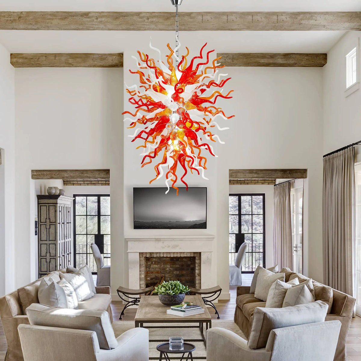 Fiery Hand-Blown Glass Chandelier Red Amber & White Flame-Inspired Chihuly-Style Sculptural Pendant Light