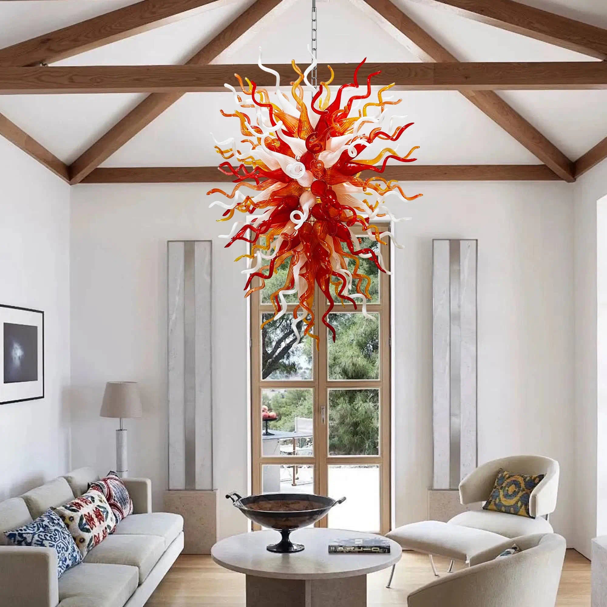 Fiery Hand-Blown Glass Chandelier Red Amber & White Flame-Inspired Chihuly-Style Sculptural Pendant Light