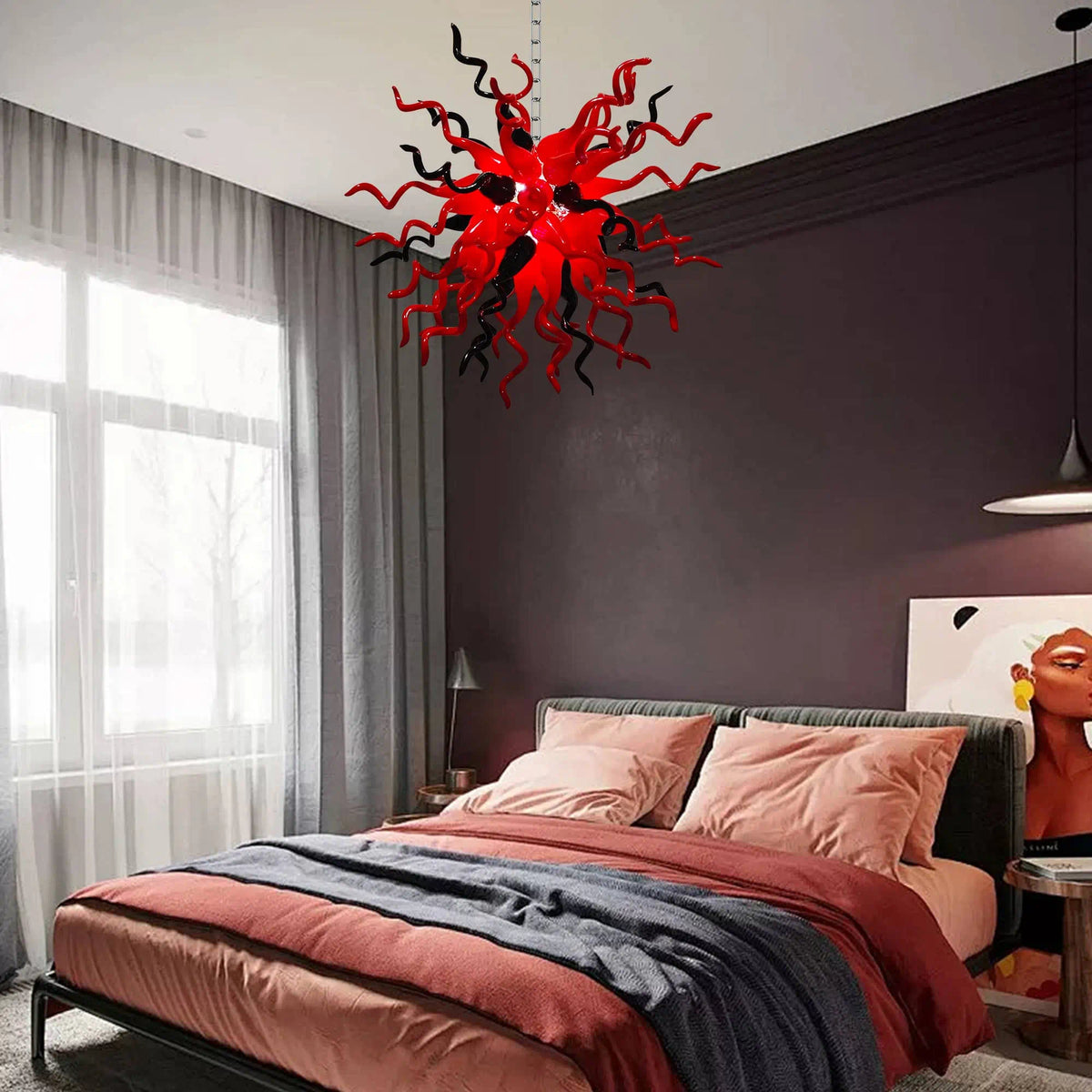 Red & Black Hand-Blown Glass Starburst Chandelier Organic Sculptural Art Pendant Light