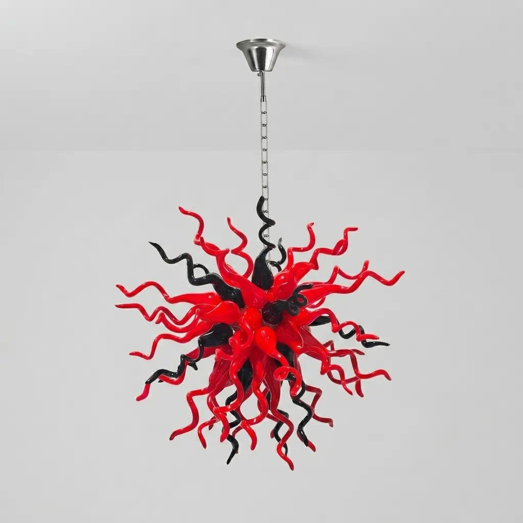 Red & Black Hand-Blown Glass Starburst Chandelier Organic Sculptural Art Pendant Light