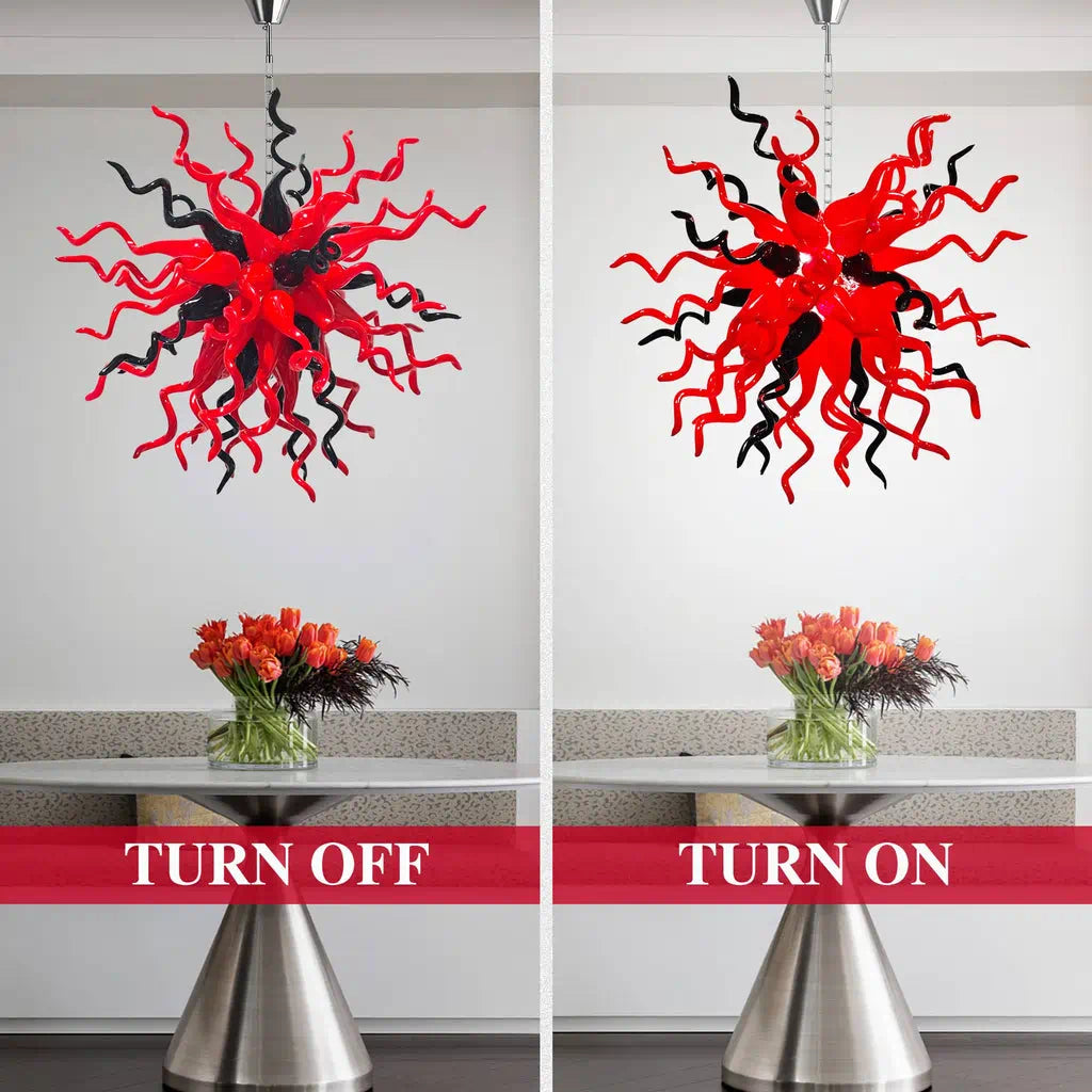 Red & Black Hand-Blown Glass Starburst Chandelier Organic Sculptural Art Pendant Light