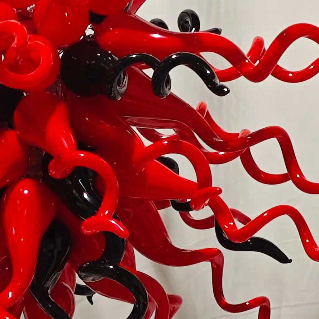 Statement Red & Black Hand-Blown Glass Chandelier Chihuly-Style Sculptural Art Pendant Light