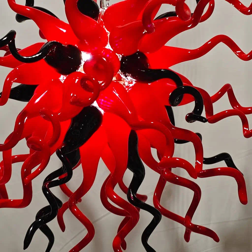 Statement Red & Black Hand-Blown Glass Chandelier Chihuly-Style Sculptural Art Pendant Light