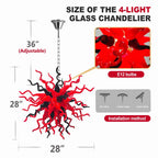 Red & Black Hand-Blown Glass Starburst Chandelier Organic Sculptural Art Pendant Light