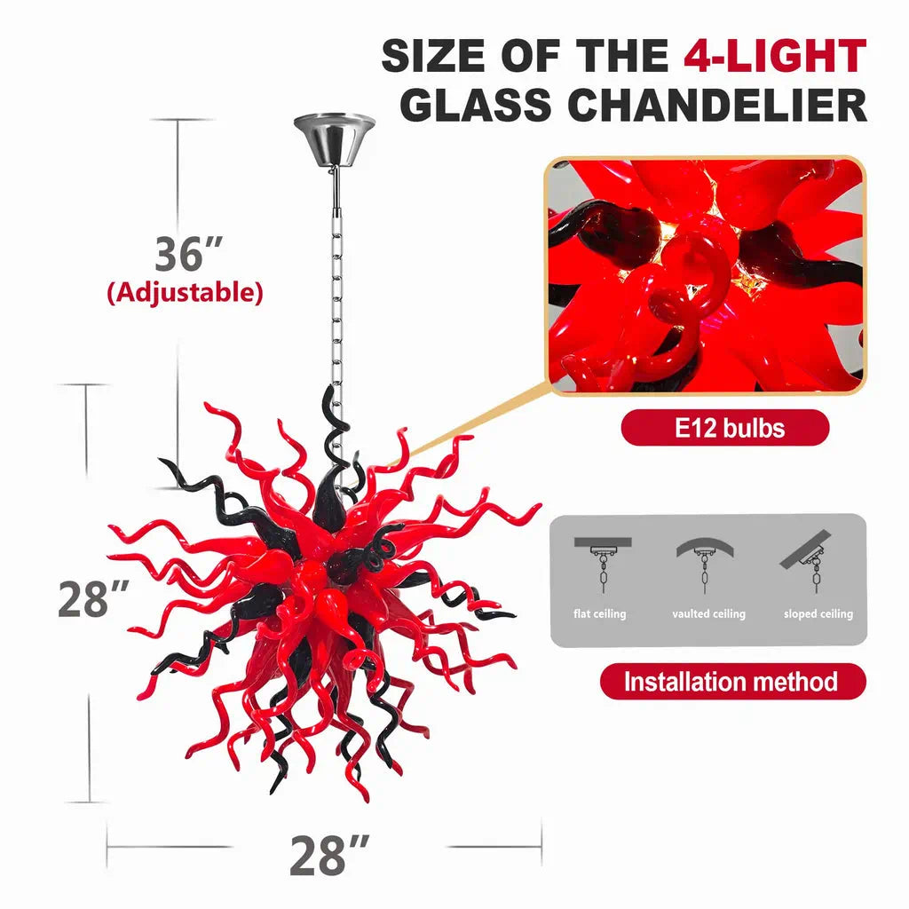 Red & Black Hand-Blown Glass Starburst Chandelier Organic Sculptural Art Pendant Light