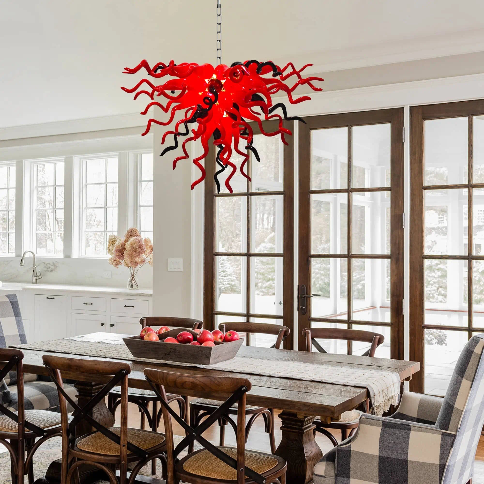 Red & Black Hand-Blown Glass Chandelier Sculptural Contemporary Curled Glass Art Pendant Light
