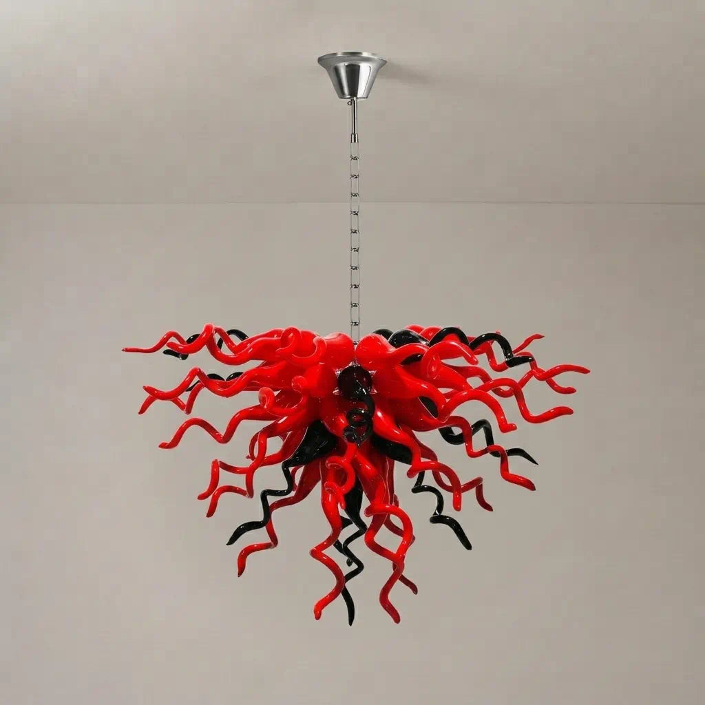 Red & Black Hand-Blown Glass Chandelier Sculptural Contemporary Curled Glass Art Pendant Light