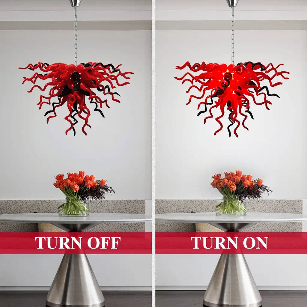 Red & Black Hand-Blown Glass Chandelier Sculptural Contemporary Curled Glass Art Pendant Light