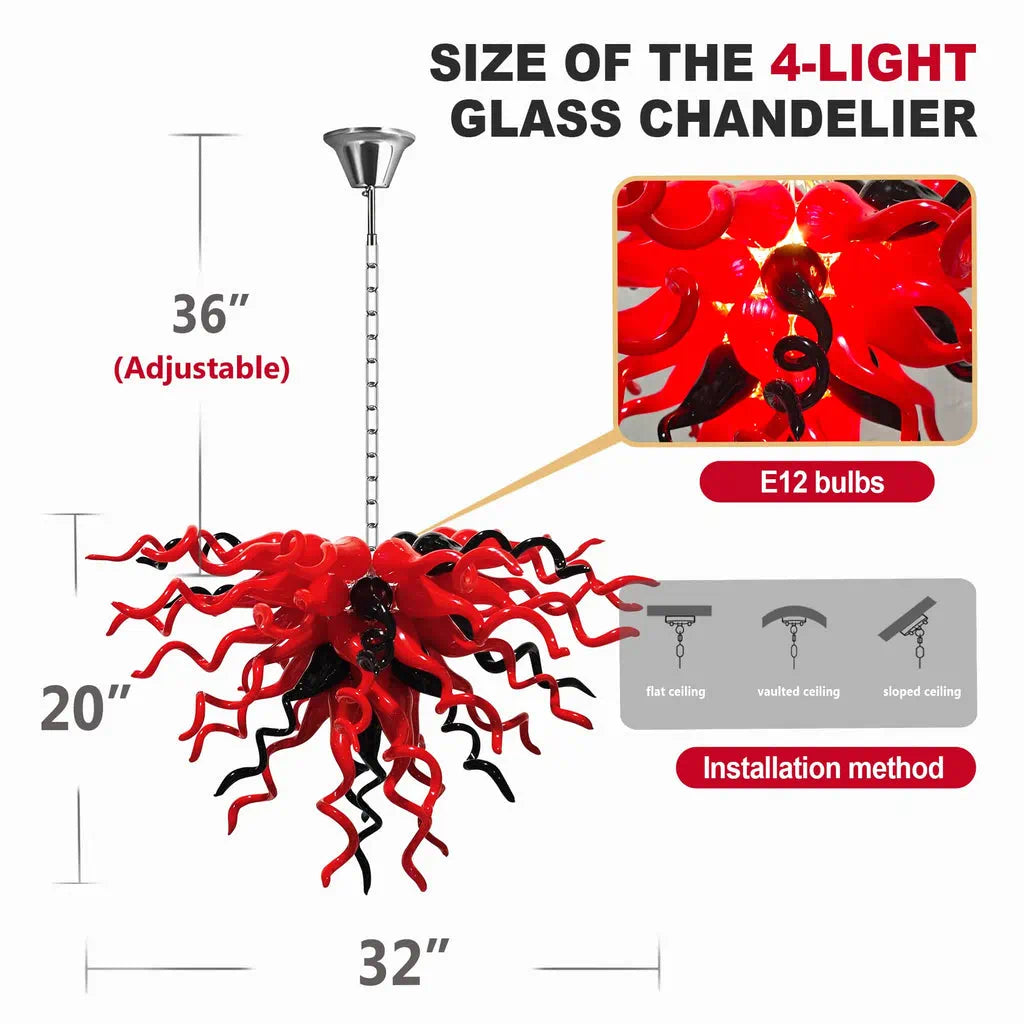 Red & Black Hand-Blown Glass Chandelier Sculptural Contemporary Curled Glass Art Pendant Light