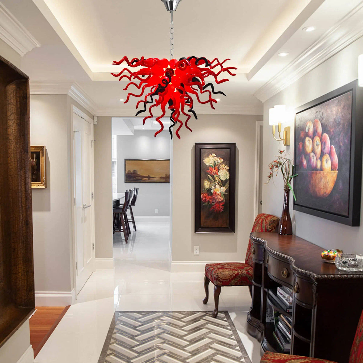 Red & Black Hand-Blown Glass Chandelier Sculptural Contemporary Curled Glass Art Pendant Light