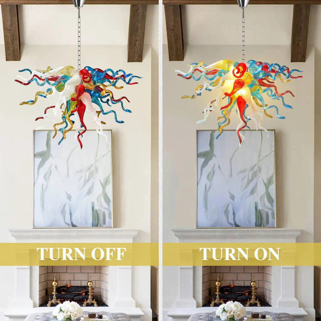 Hand-Blown Rainbow Curling Glass Chandelier Statement Multicolor Chihuly-Style Sculptural Art Pendant Light