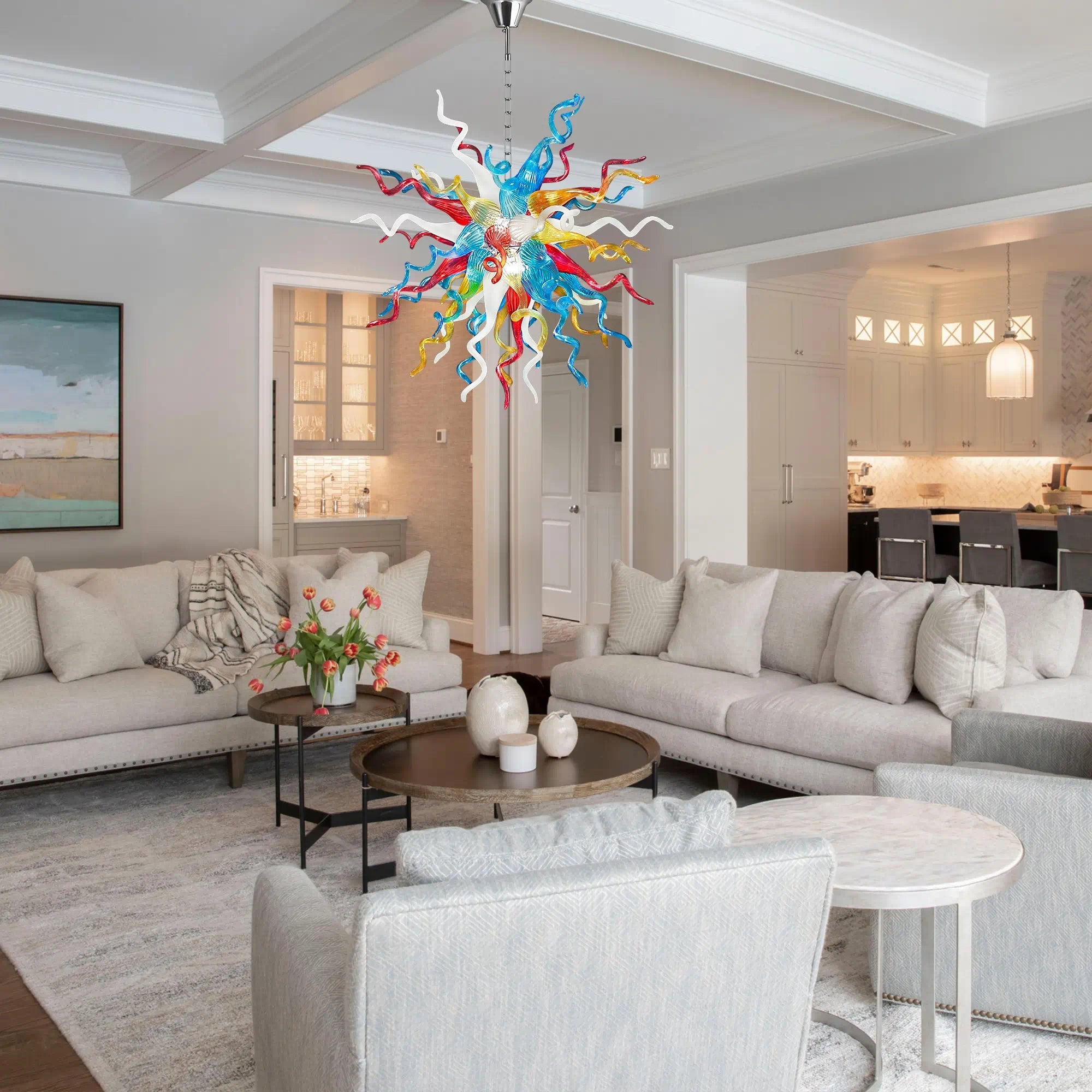Hand-Blown Rainbow Glass Starburst Chandelier Multicolor Sculptural Art Pendant Light