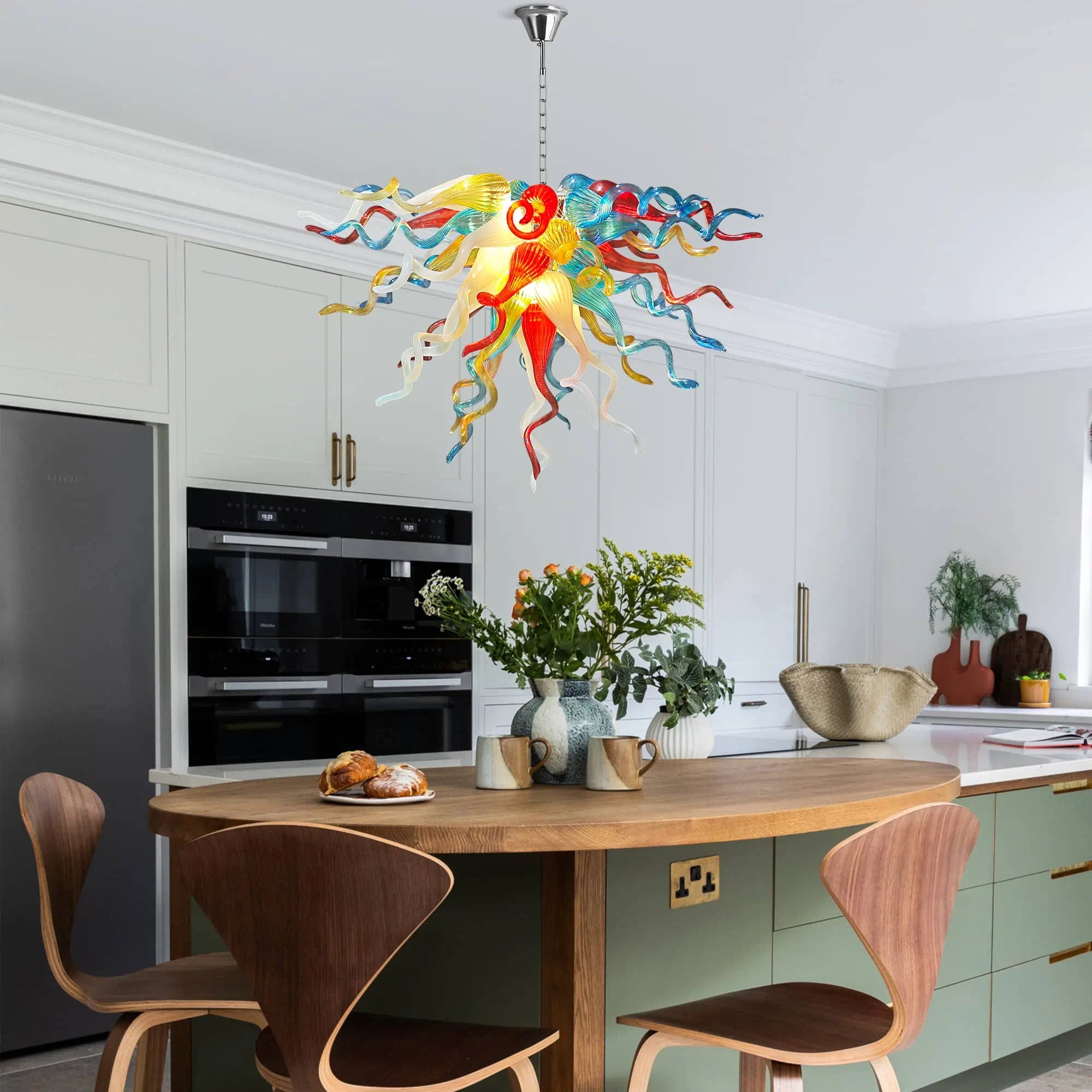 Hand-Blown Rainbow Curling Glass Chandelier Statement Multicolor Chihuly-Style Sculptural Art Pendant Light