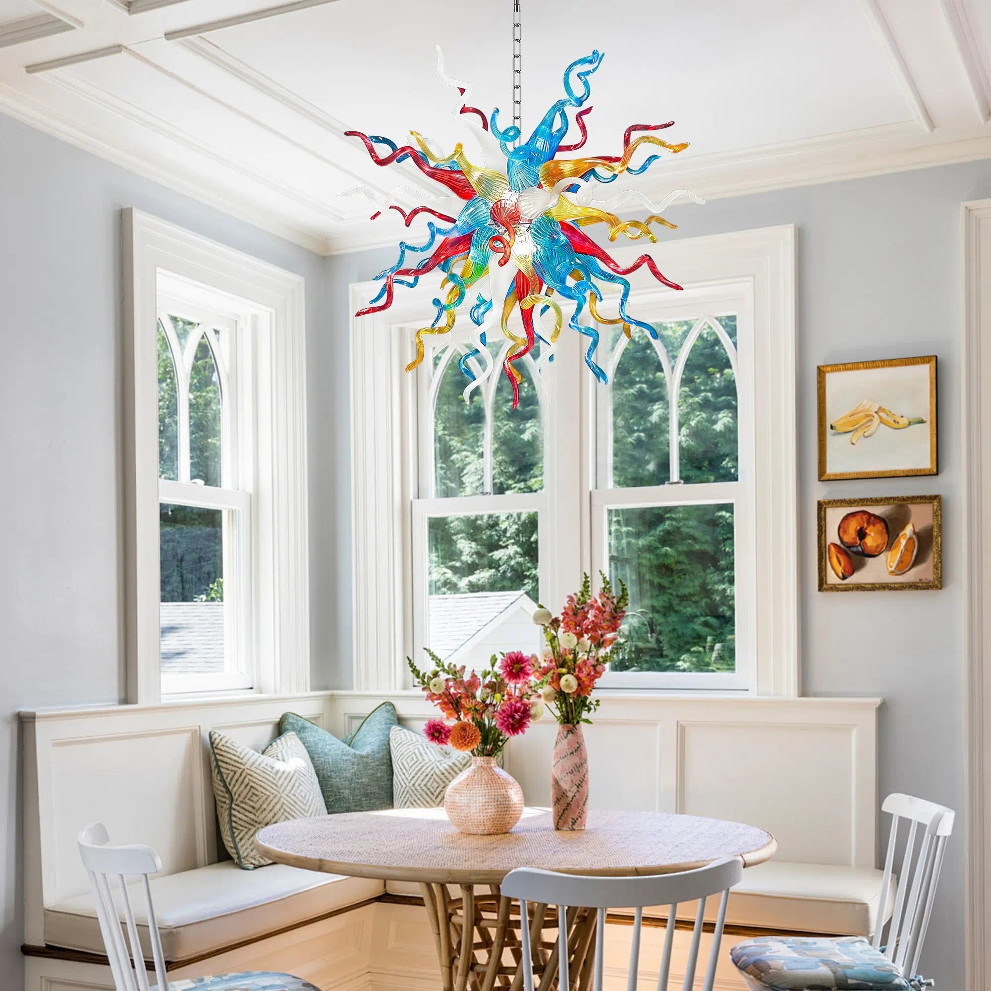 Hand-Blown Rainbow Glass Starburst Chandelier Multicolor Sculptural Art Pendant Light