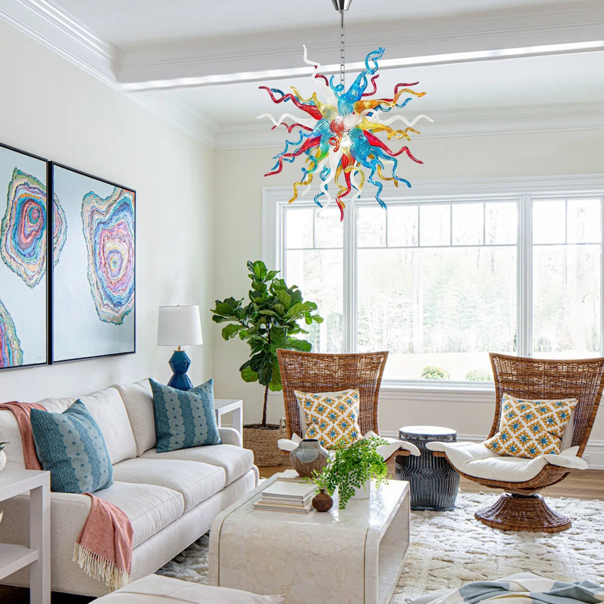 Hand-Blown Rainbow Glass Starburst Chandelier Multicolor Sculptural Art Pendant Light