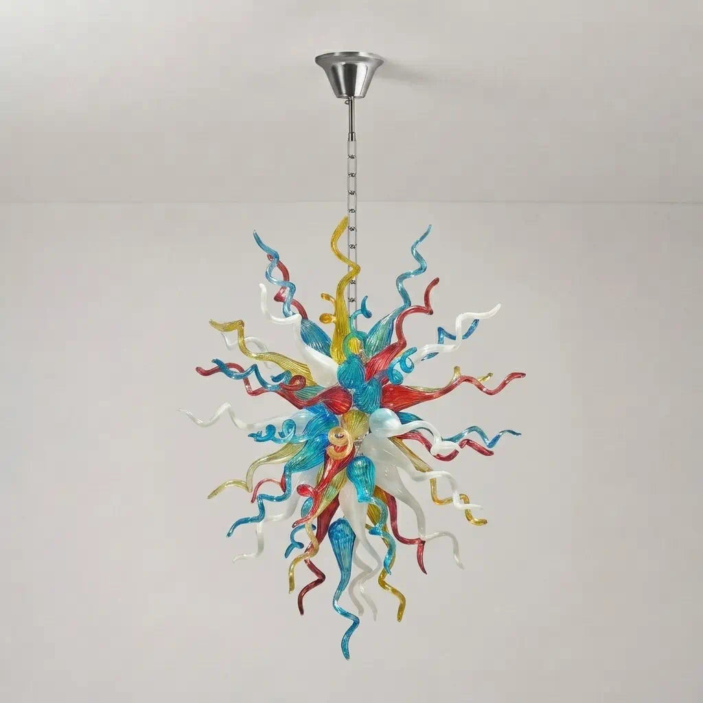 Hand-Blown Rainbow Curled Glass Art Chandelier Chihuly-Style Multicolor Sculptural Pendant Light