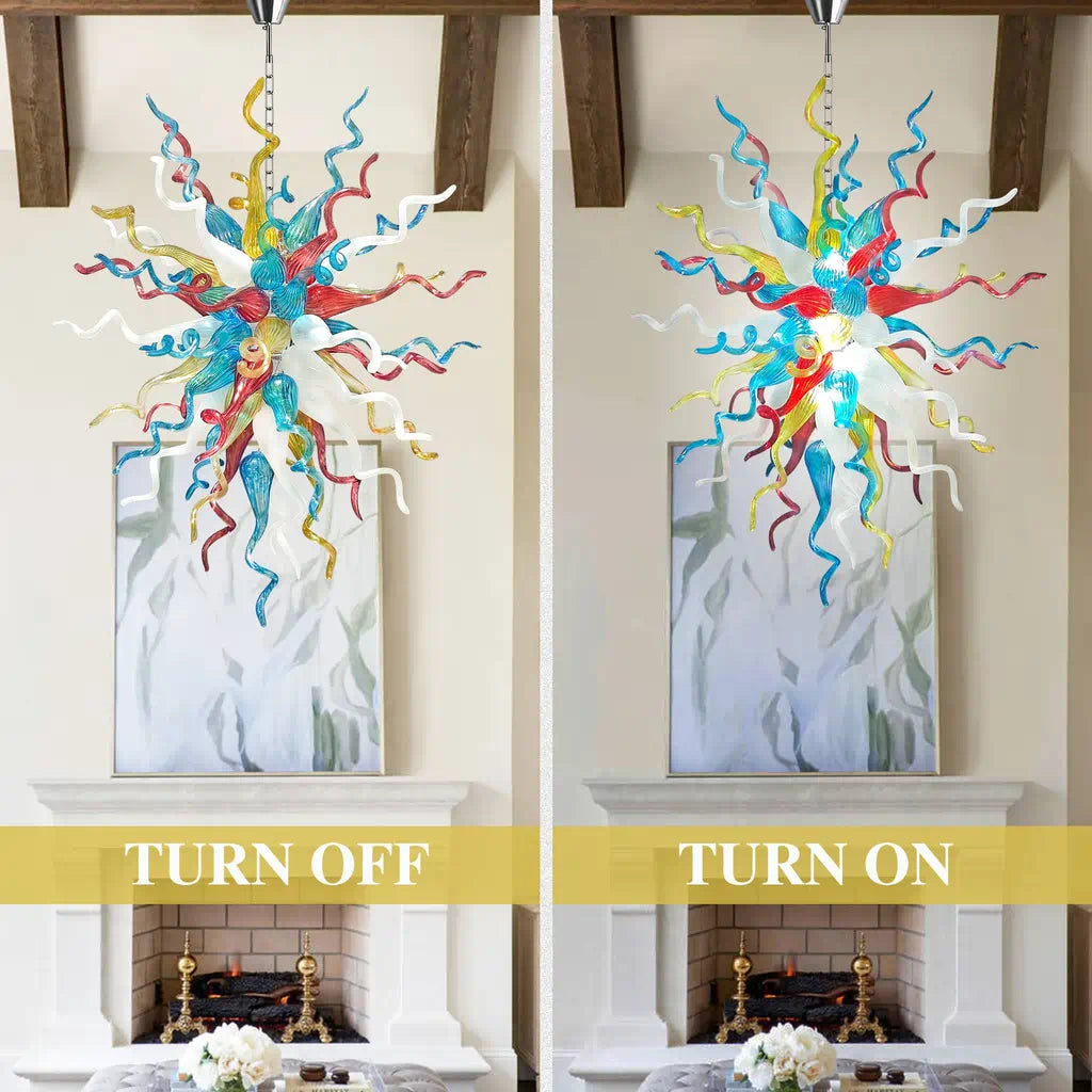 Hand-Blown Rainbow Curled Glass Art Chandelier Chihuly-Style Multicolor Sculptural Pendant Light
