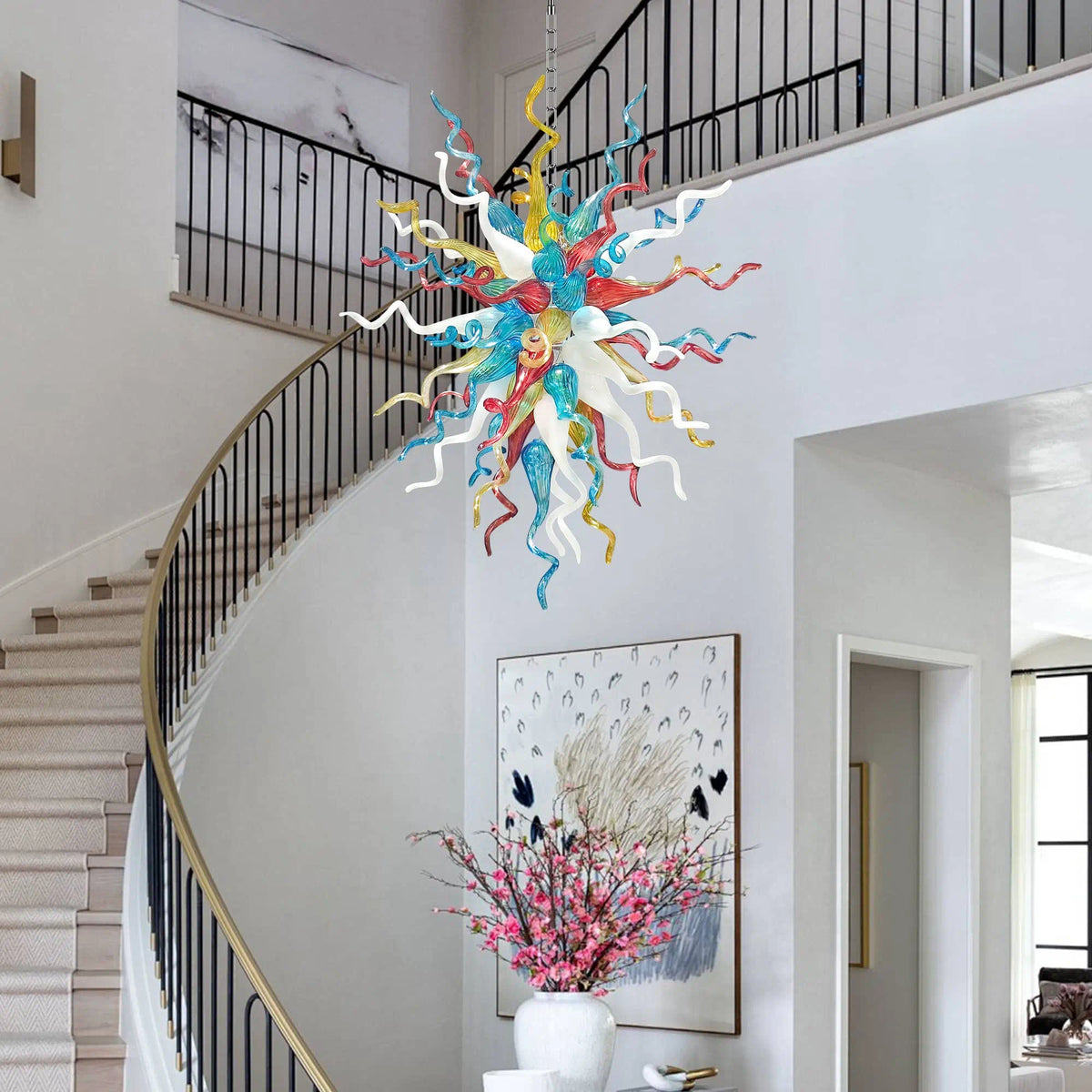 Hand-Blown Rainbow Curled Glass Art Chandelier Chihuly-Style Multicolor Sculptural Pendant Light