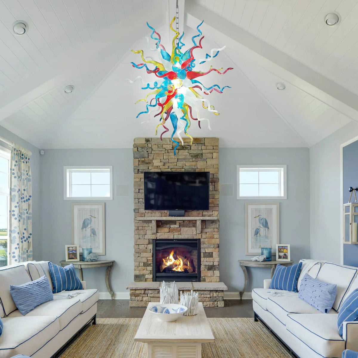 Hand-Blown Rainbow Curled Glass Art Chandelier Chihuly-Style Multicolor Sculptural Pendant Light
