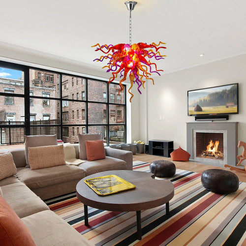 Hand-Blown Multicolor Glass Art Chandelier Red Orange & Purple Organic Curved Sculptural Glass Pendant Light