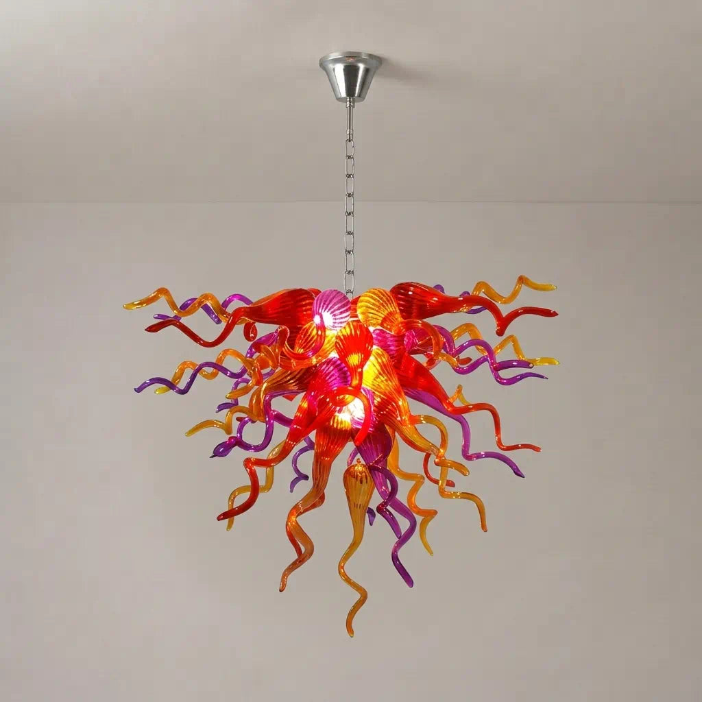 Hand-Blown Multicolor Glass Art Chandelier Red Orange & Purple Organic Curved Sculptural Glass Pendant Light
