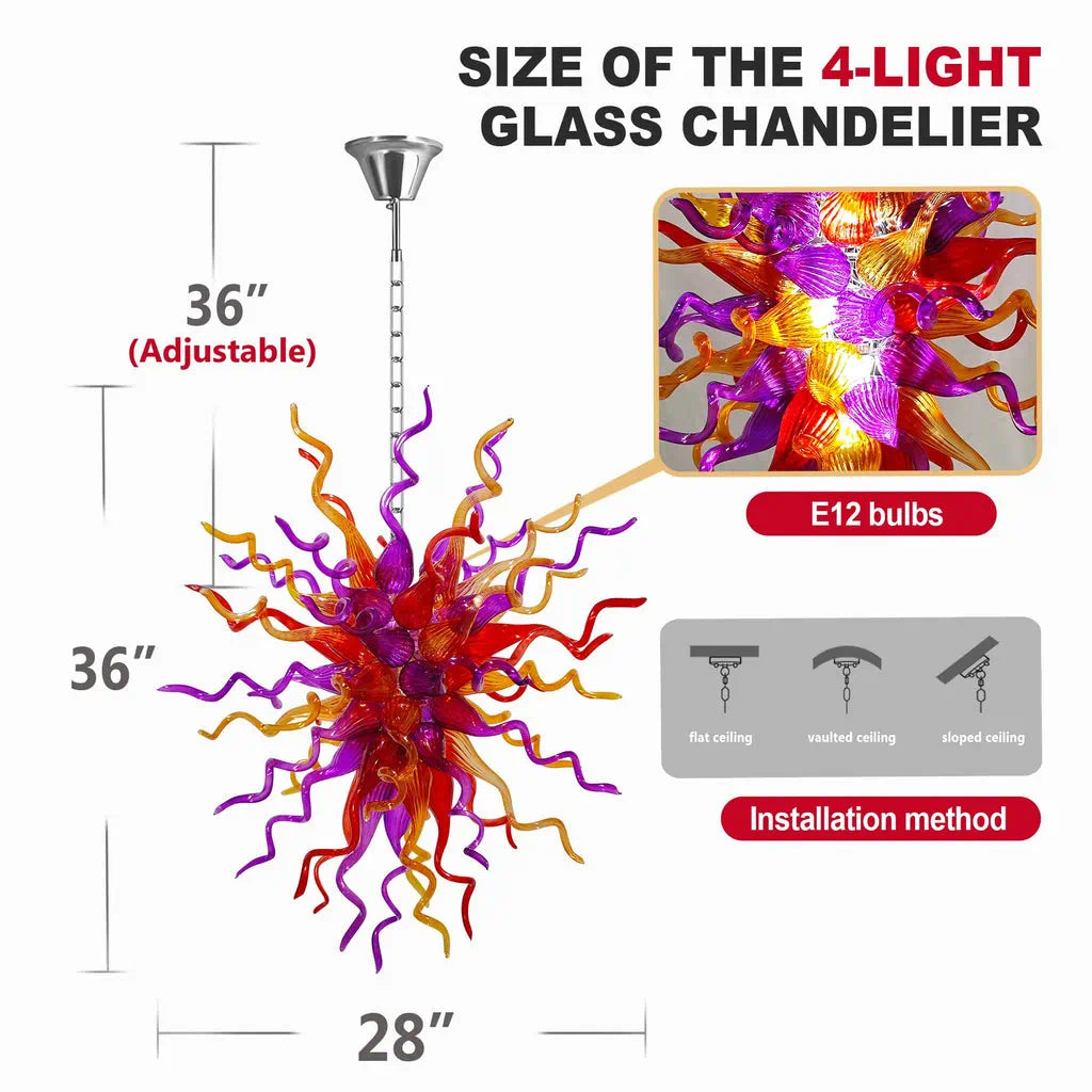 Hand-Blown Red Orange & Purple Glass Art Chandelier Chihuly-Style Multicolor Sculptural Pendant Light