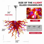 Hand-Blown Multicolor Glass Art Chandelier Red Orange & Purple Organic Curved Sculptural Glass Pendant Light