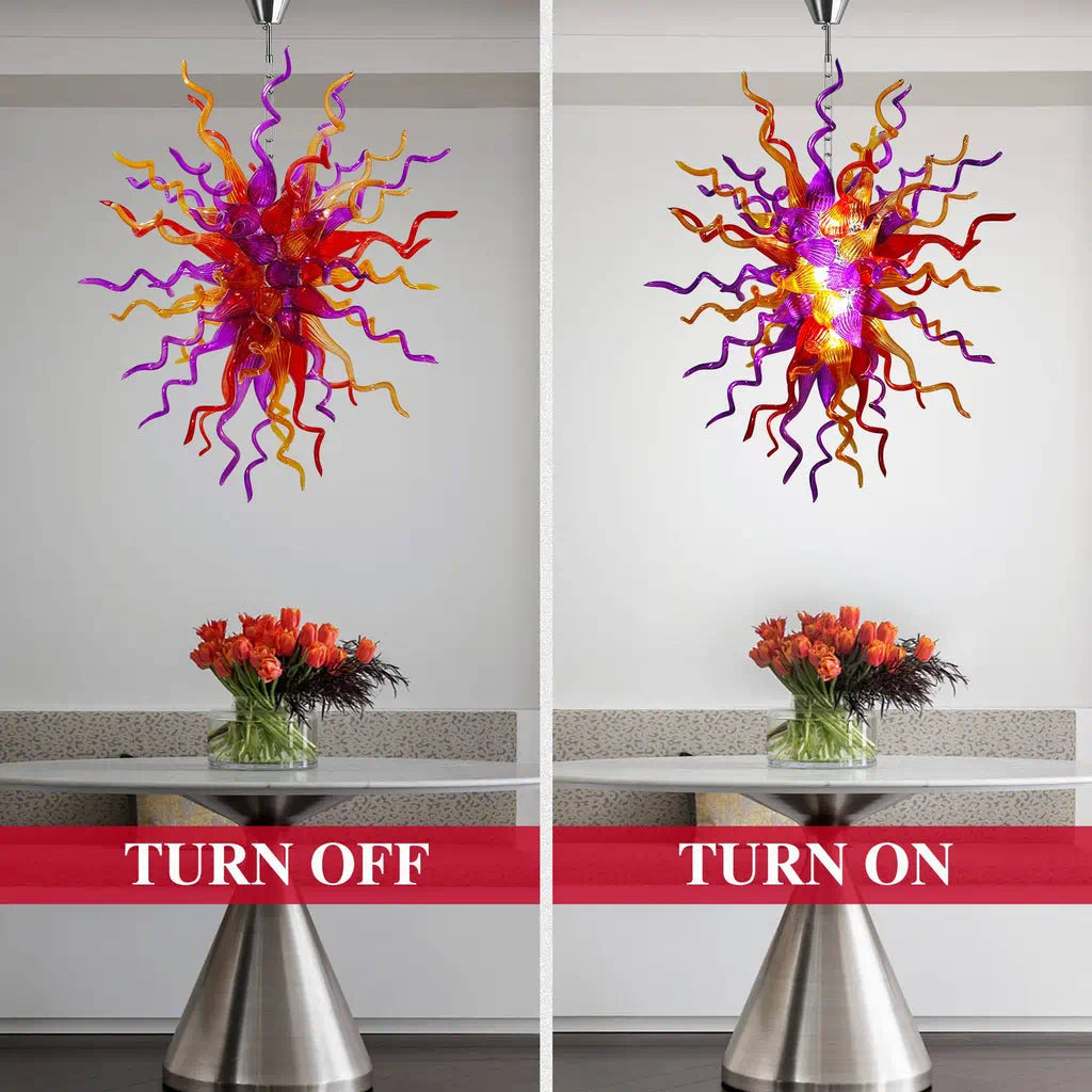 Hand-Blown Red Orange & Purple Glass Art Chandelier Chihuly-Style Multicolor Sculptural Pendant Light