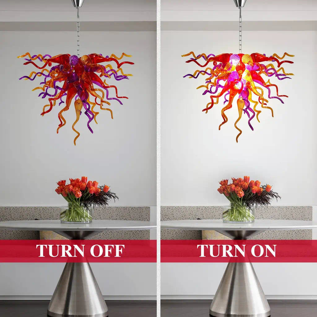 Hand-Blown Multicolor Glass Art Chandelier Red Orange & Purple Organic Curved Sculptural Glass Pendant Light