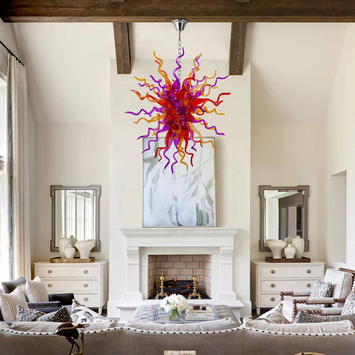 Hand-Blown Red Orange & Purple Glass Art Chandelier Chihuly-Style Multicolor Sculptural Pendant Light