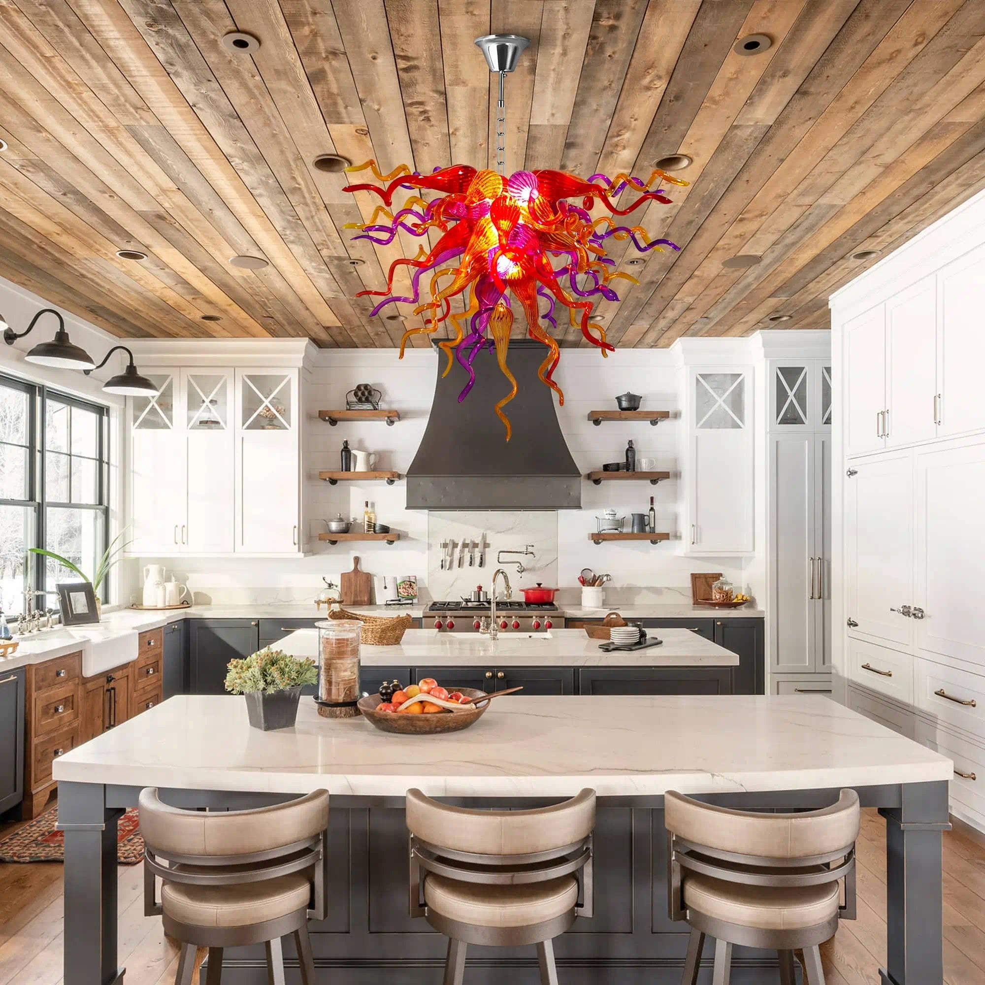 Hand-Blown Multicolor Glass Art Chandelier Red Orange & Purple Organic Curved Sculptural Glass Pendant Light