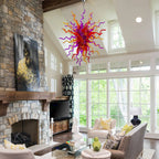 Hand-Blown Red Orange & Purple Glass Art Chandelier Chihuly-Style Multicolor Sculptural Pendant Light