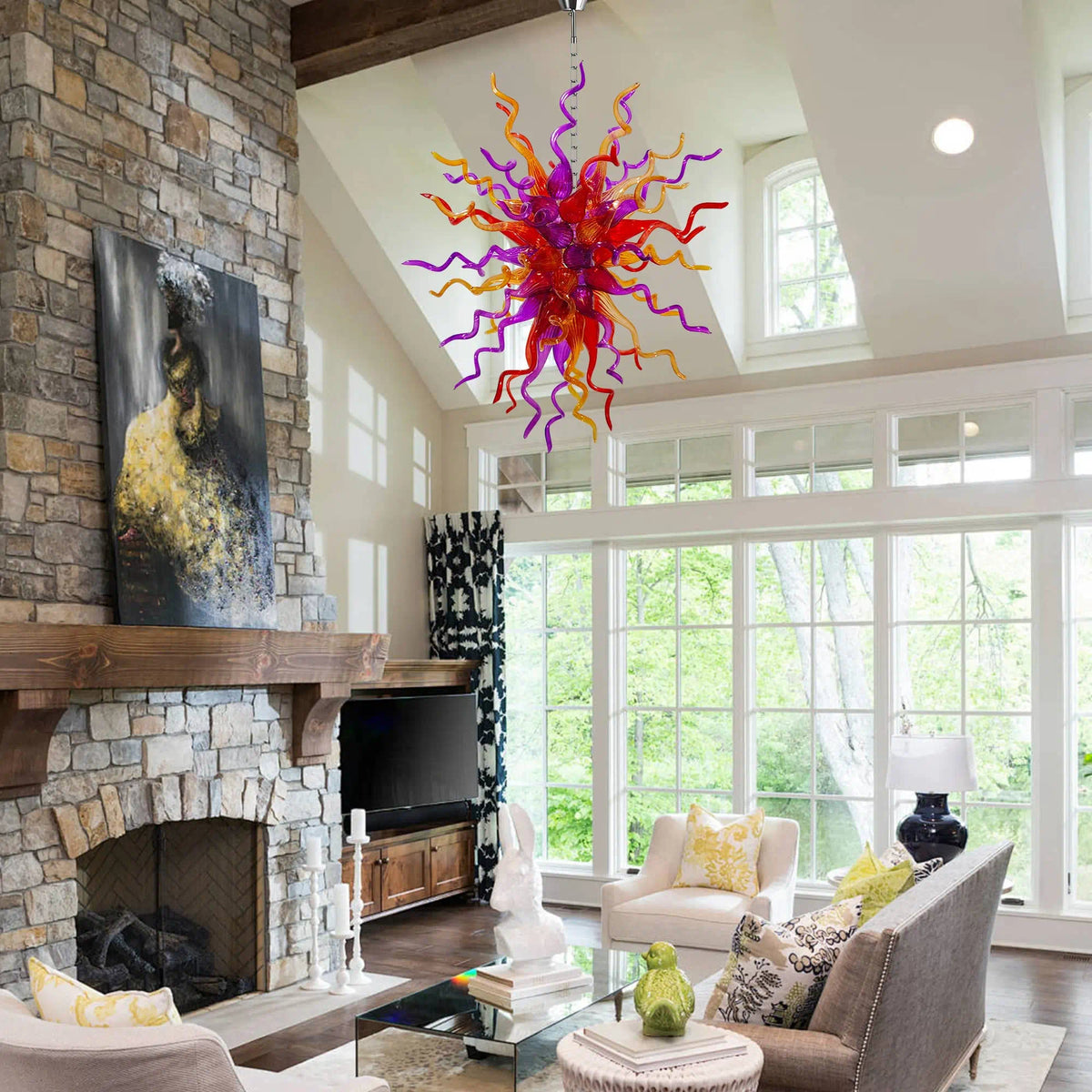 Hand-Blown Red Orange & Purple Glass Art Chandelier Chihuly-Style Multicolor Sculptural Pendant Light