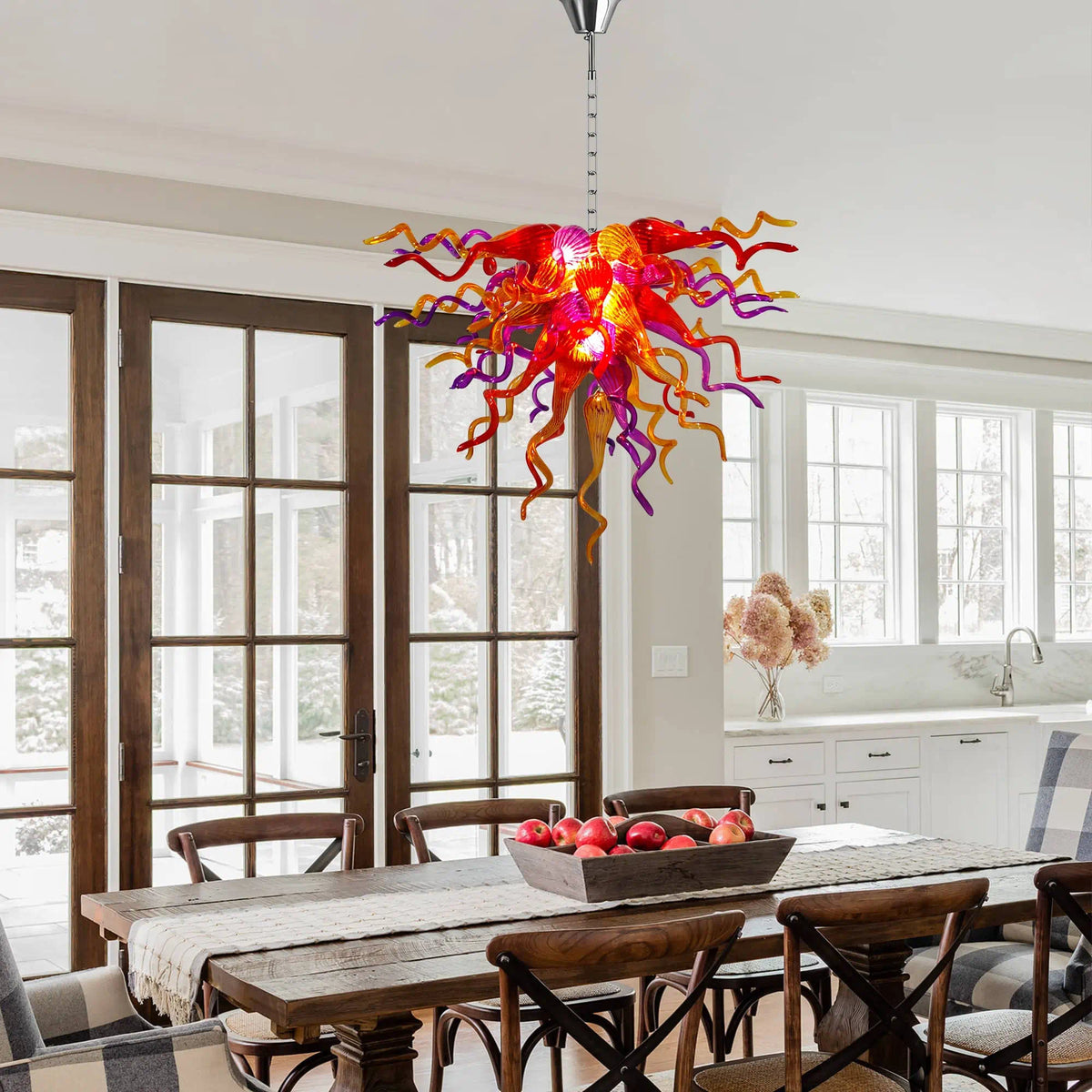Hand-Blown Multicolor Glass Art Chandelier Red Orange & Purple Organic Curved Sculptural Glass Pendant Light